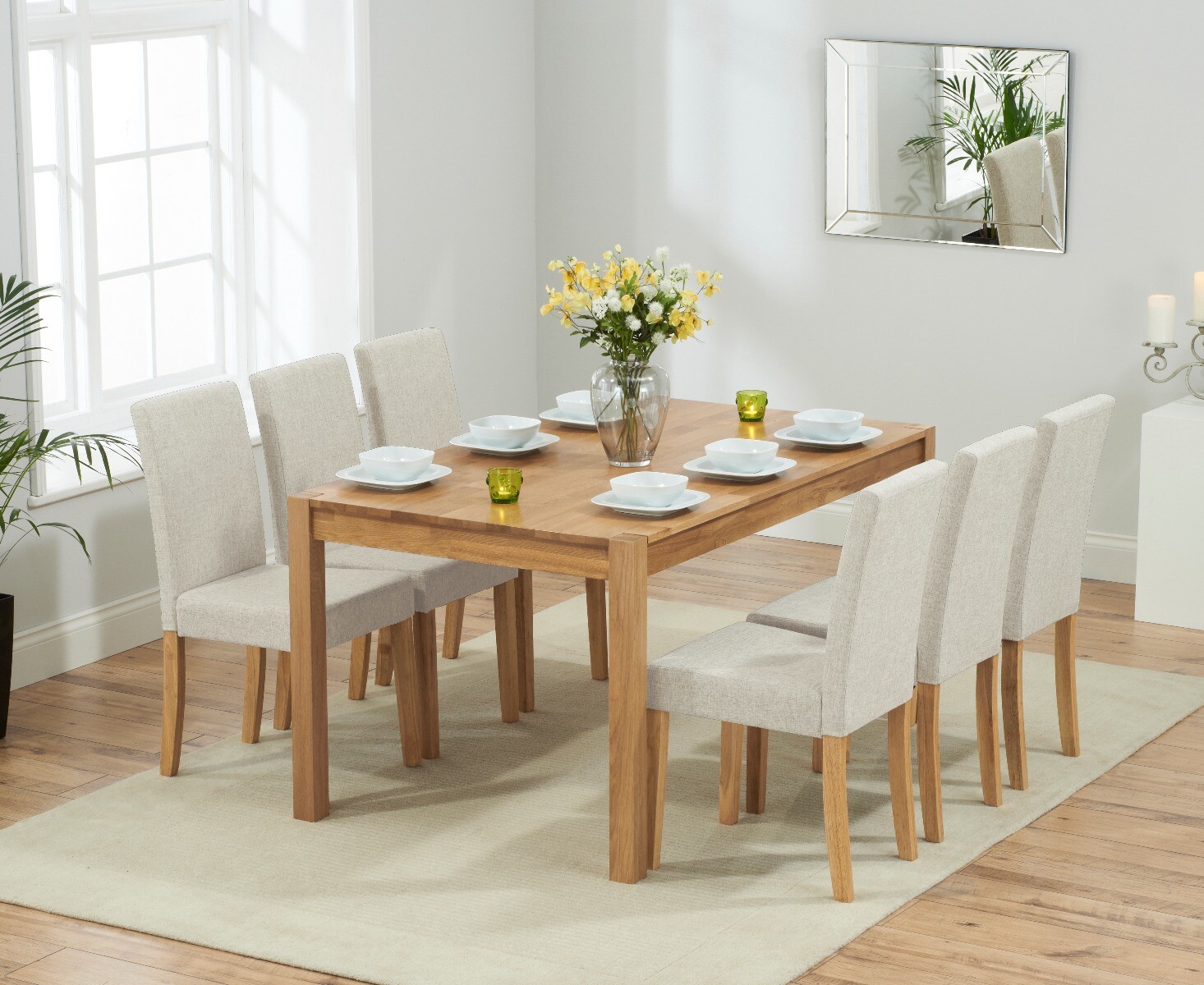 Product photograph of York 150cm Solid Oak Dining Table With 6 Cream Lila Fabric Chairs from Oak Furniture Superstore