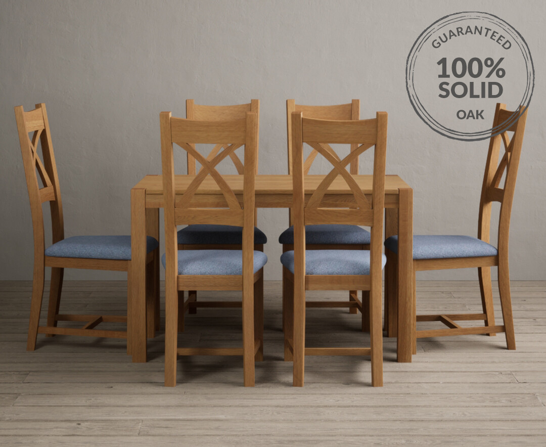 York 120cm Solid Oak Dining Table With 6 Blue X Back Chairs