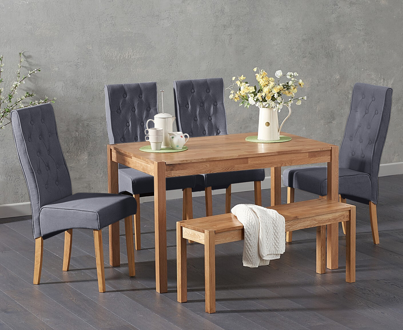 York 120cm Solid Oak Dining Table With 2 Grey Maya Chairs With 1 Oak Bench