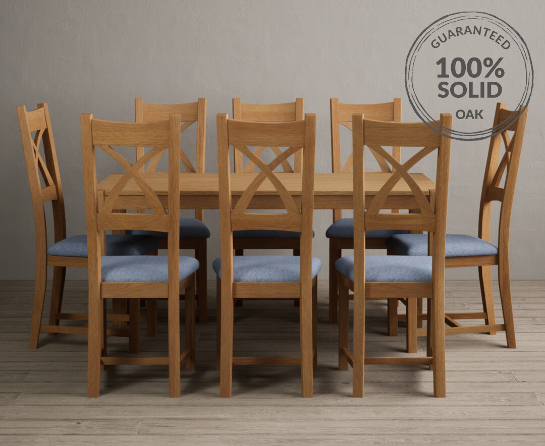 York 150cm Solid Oak Dining Table With 8 Blue X Back Chairs