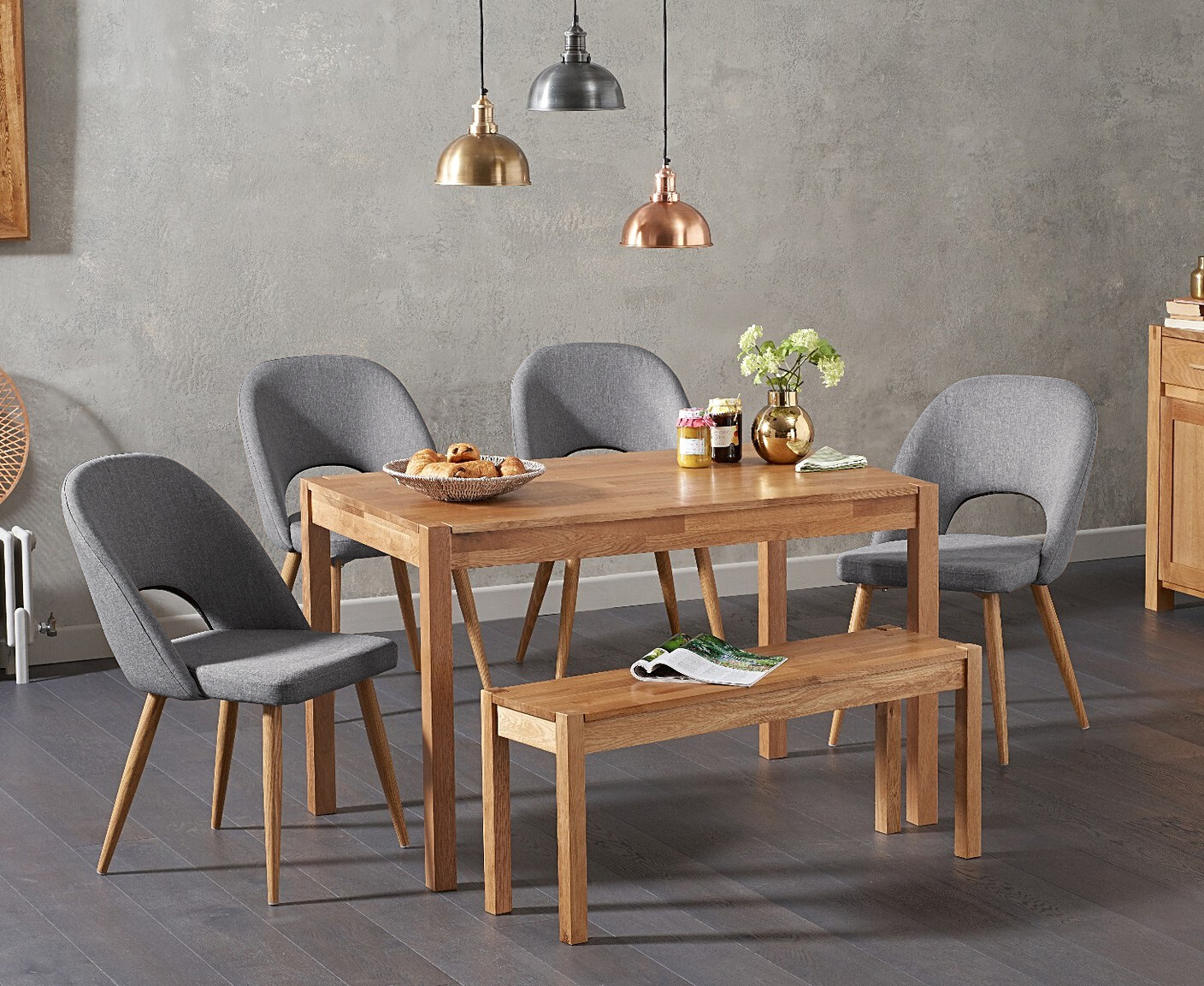 Product photograph of York 150cm Solid Oak Dining Table With 2 Grey Hudson Fabric Chairs And 1 York Bench from Oak Furniture Superstore