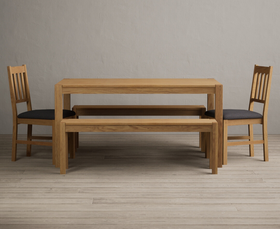 York 150cm Solid Oak Dining Table With 2 Brown York Chairs With 1 Oak Bench