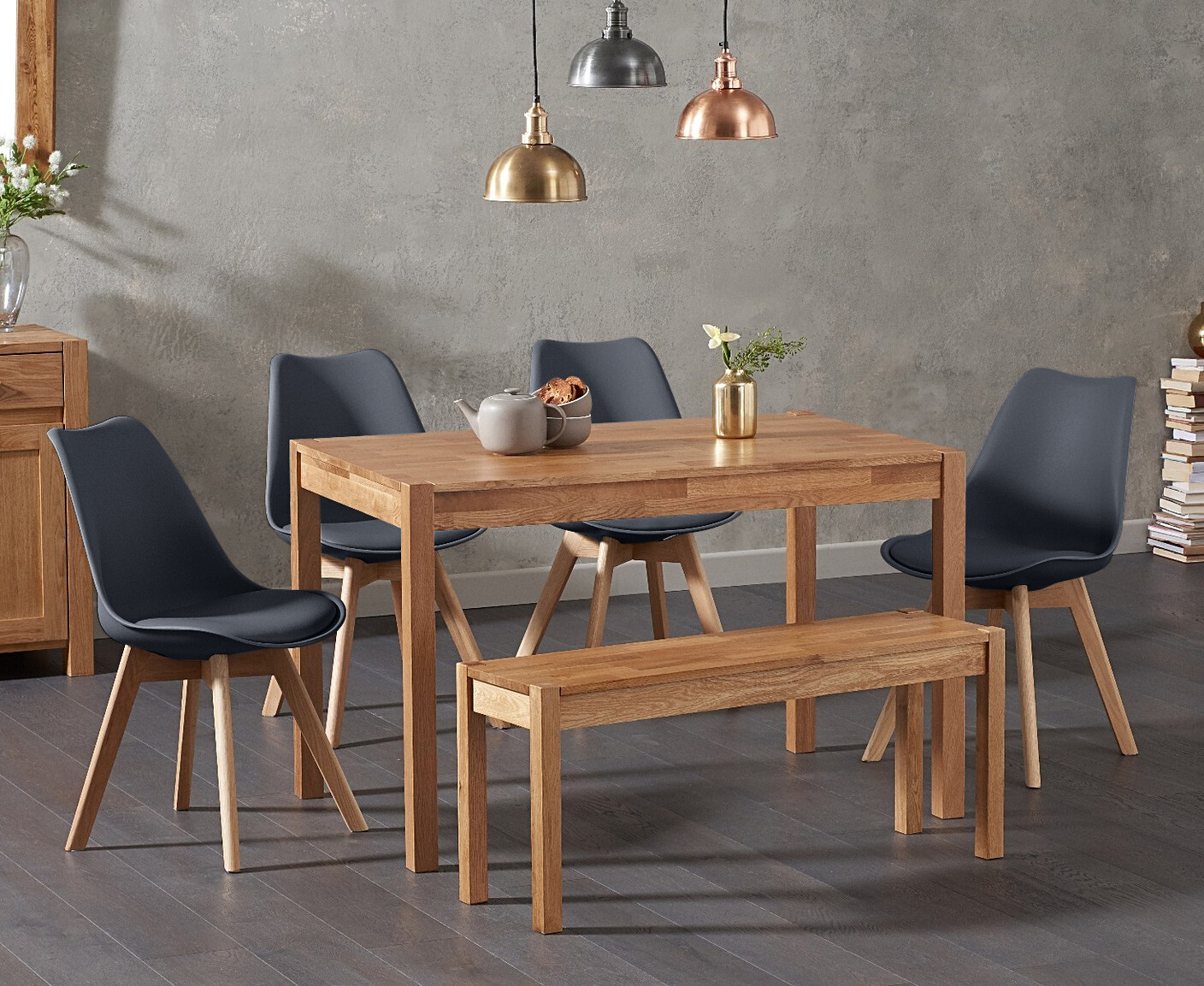 Photo 2 of York 150cm solid oak dining table with 4 dark grey orson chairs with 1 oak bench