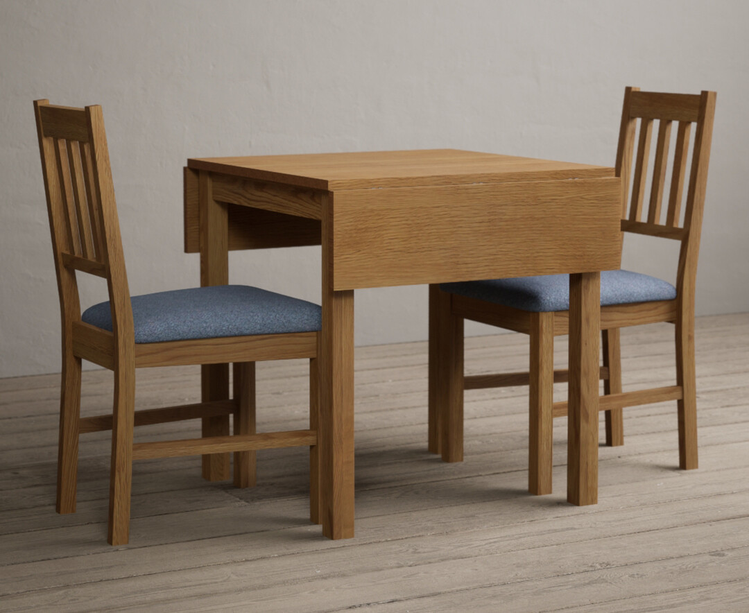 Photo 2 of Extending york 70cm solid oak drop leaf dining table with 2 blue york chairs