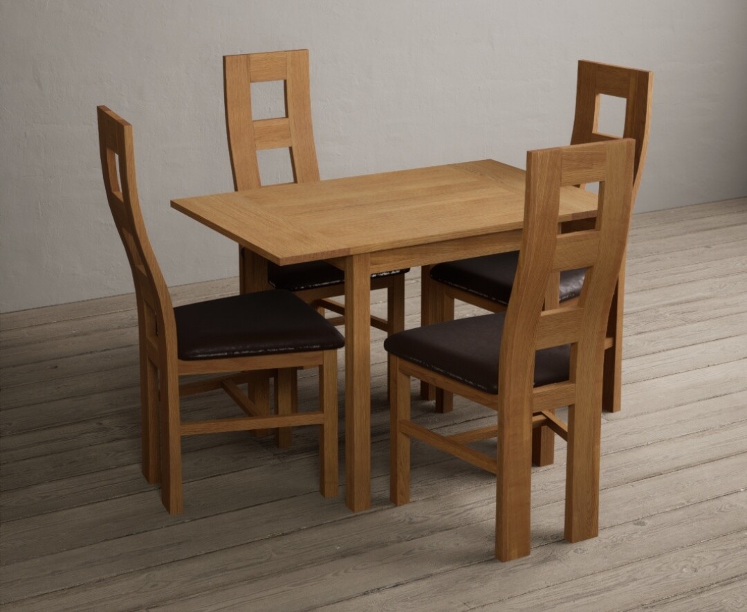 Photo 1 of Extending york 70cm solid oak drop leaf dining table with 4 blue natural chairs