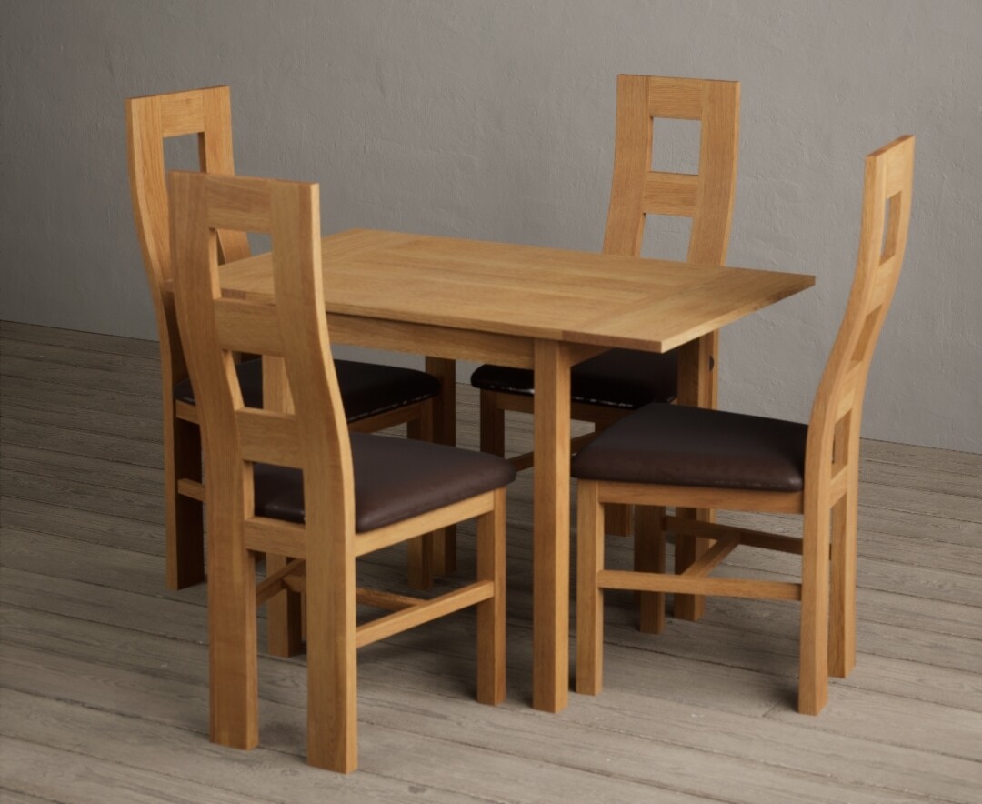 Photo 2 of Extending york 70cm solid oak drop leaf dining table with 4 blue natural chairs