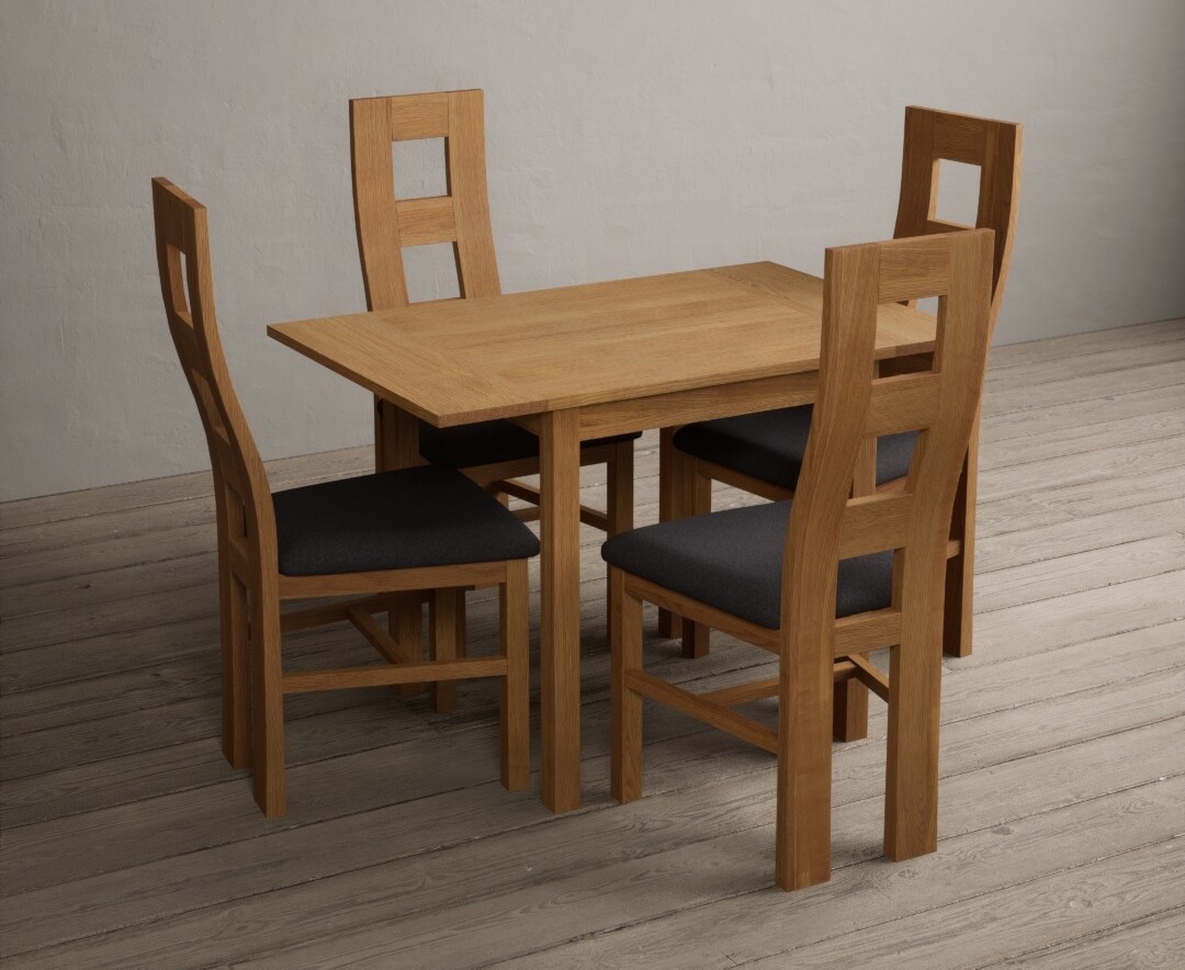 Photo 1 of Extending york 70cm solid oak drop leaf dining table with 4 linen natural chairs