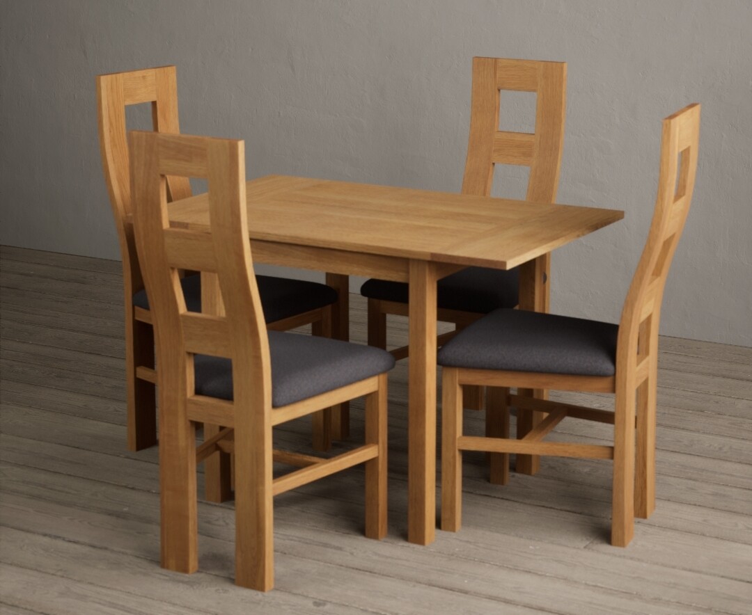 Photo 2 of Extending york 70cm solid oak drop leaf dining table with 4 linen natural chairs