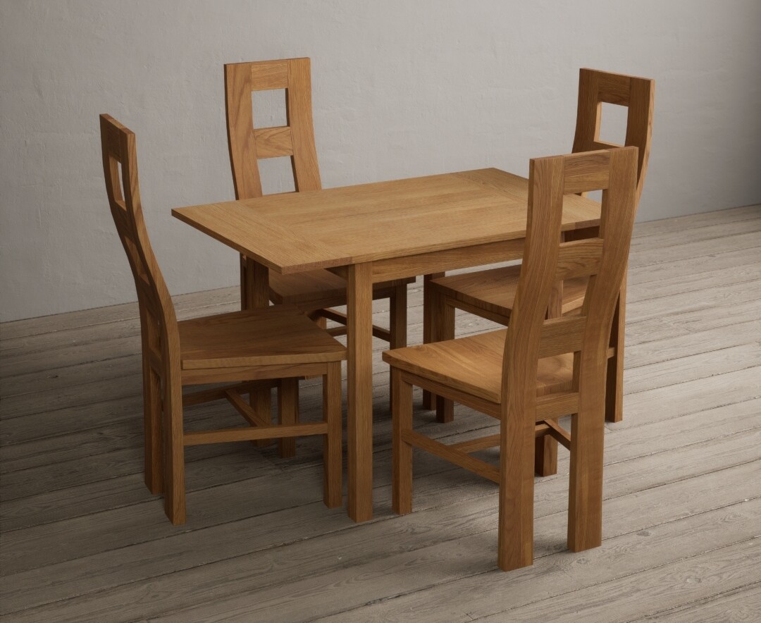 Photo 1 of Extending york 70cm solid oak drop leaf dining table with 4 brown natural chairs