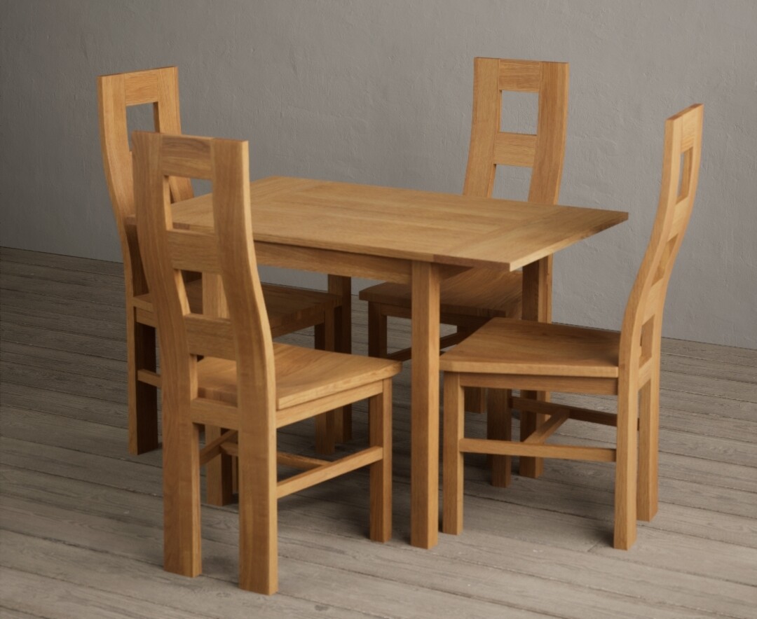 Photo 2 of Extending york 70cm solid oak drop leaf dining table with 4 brown natural chairs