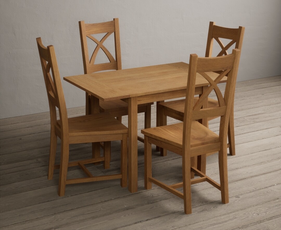 Photo 2 of Extending york 70cm solid oak drop leaf dining table with 4 brown natural solid oak chairs