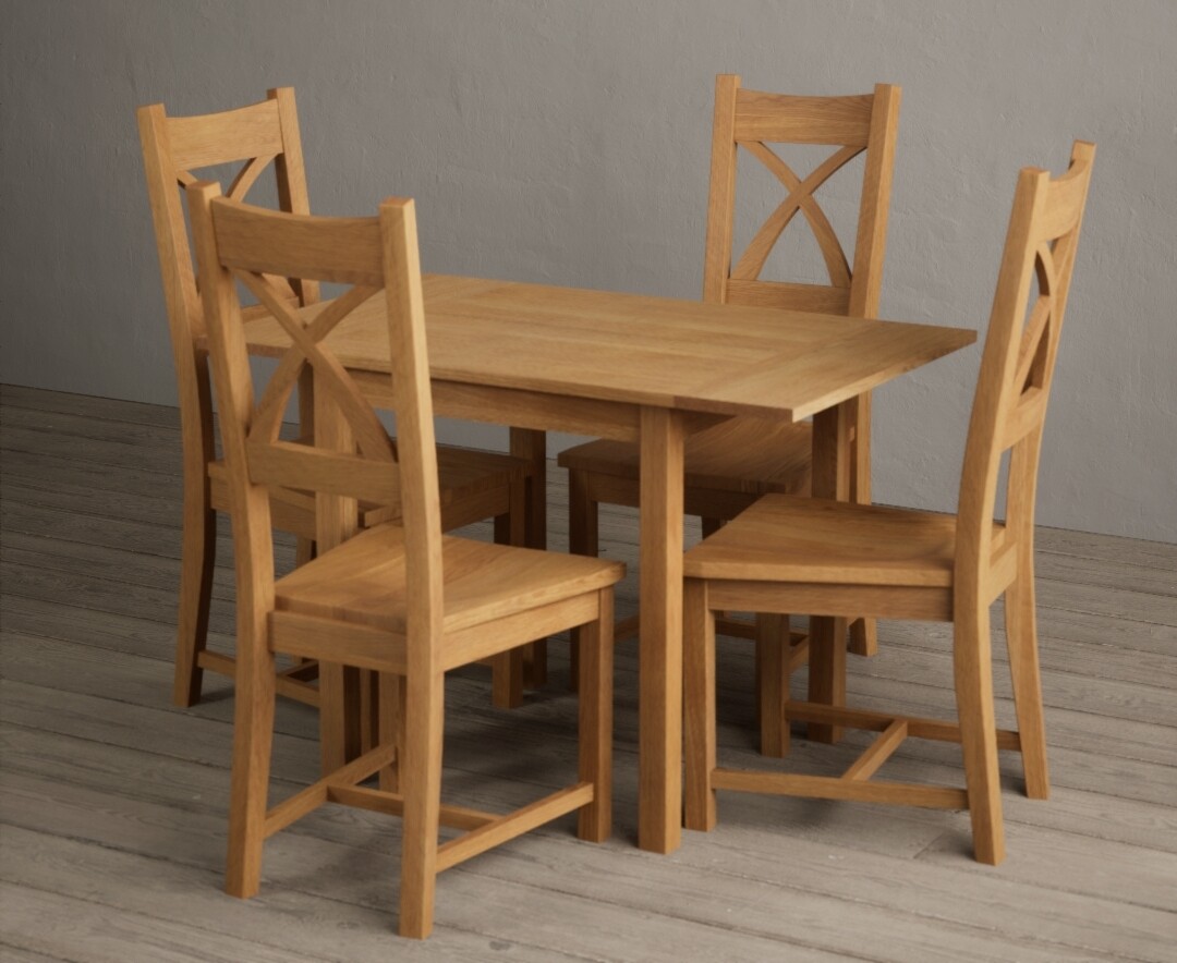 Photo 1 of Extending york 70cm solid oak drop leaf dining table with 4 brown natural solid oak chairs