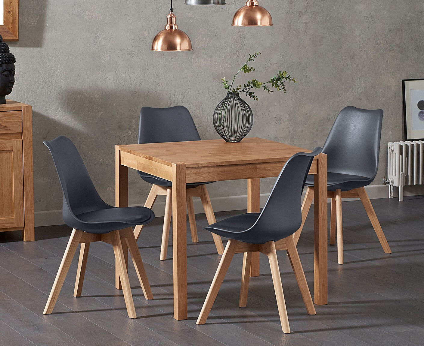 Photo 1 of York 80cm solid oak dining table with 2 dark grey orson chairs