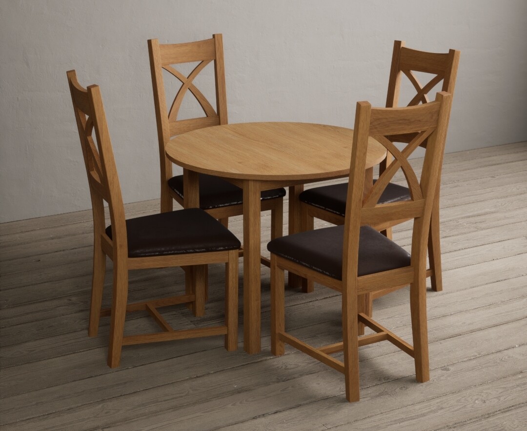 Photo 3 of Extending york 90cm solid oak dining table with 2 linen natural solid oak chairs