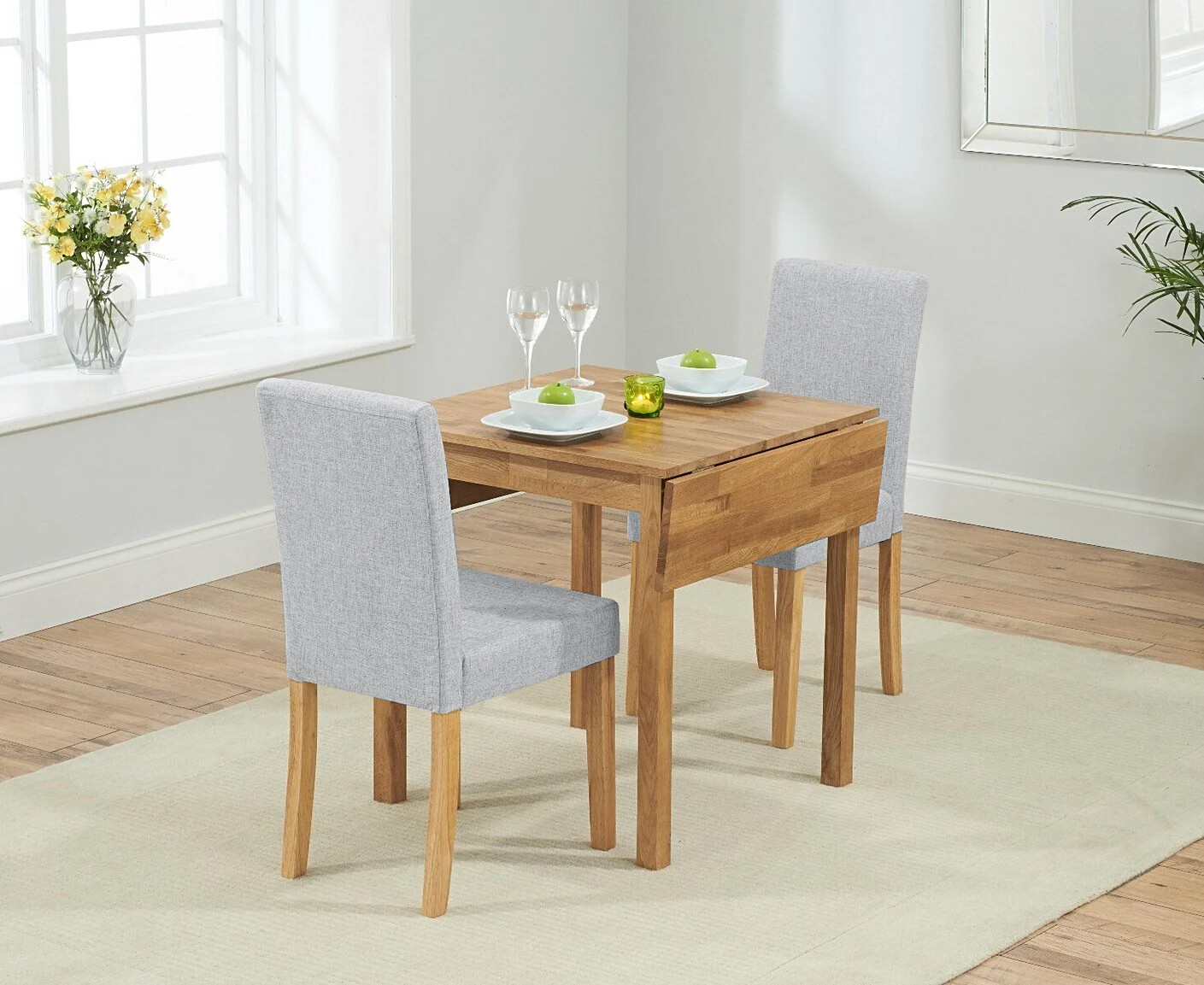 Photo 3 of Extending york 70cm solid oak drop leaf dining table with 2 charcoal lila chairs